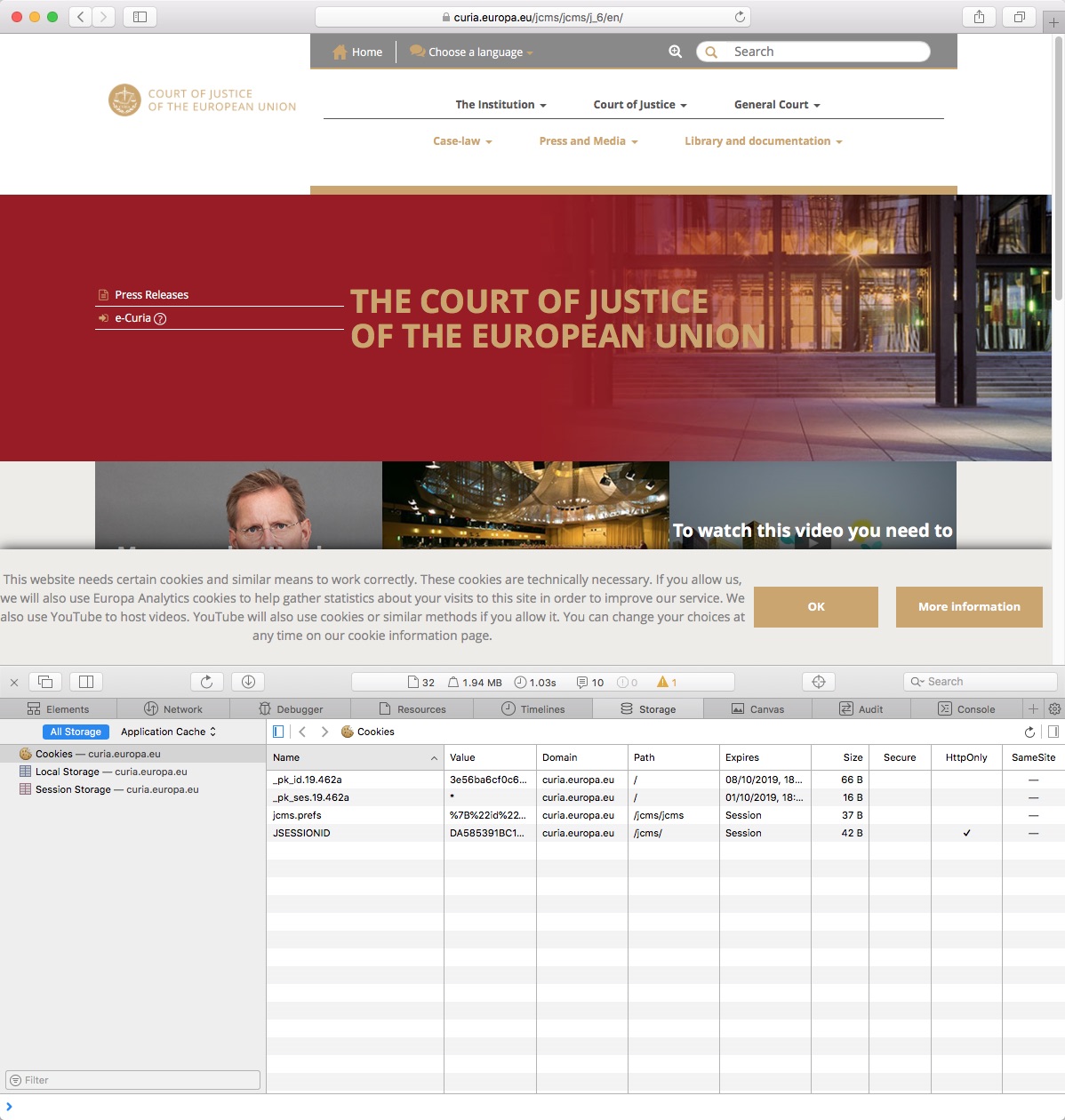 Screenshot of the website of the European Court of Justice with a cookie banner that presumably does not meet the self-imposed requirements